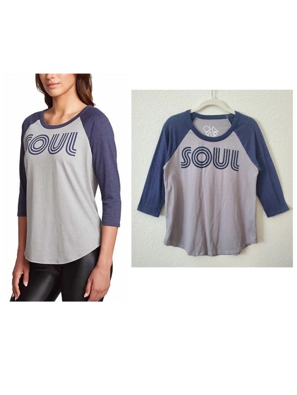 Chaser Relaxed Fit Navy Gray Soul Graphic Raglan Baseball Tee Top S Y2K 90s Boho
